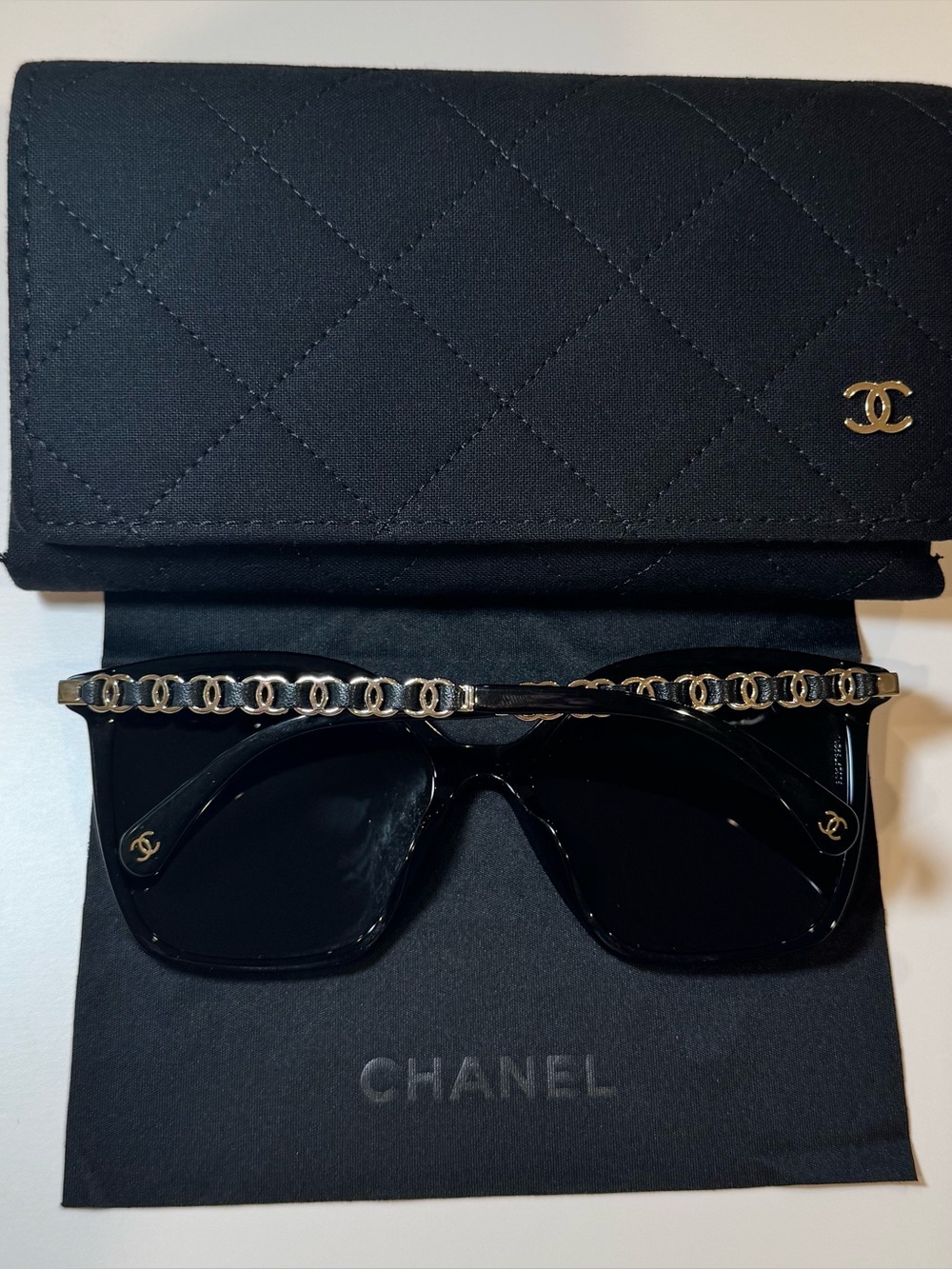 Chanel Acetate Calfskin Black Square Polarized Sunglasses 5546-Q W Gold CC Logo